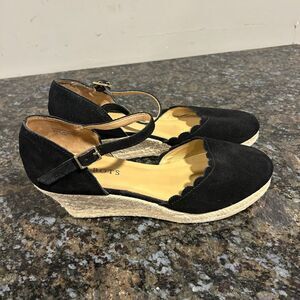 Talbots LYNDSAY ESPADRILLE WEDGES SCALLOP EDGE Shoes Black Suede Womens 7.5